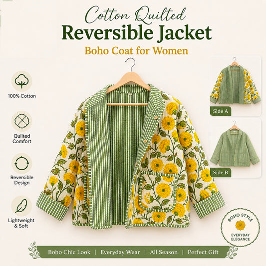 Ethnic Block Print Cotton Quilted Jacket – Warm Reversible Winter Coat