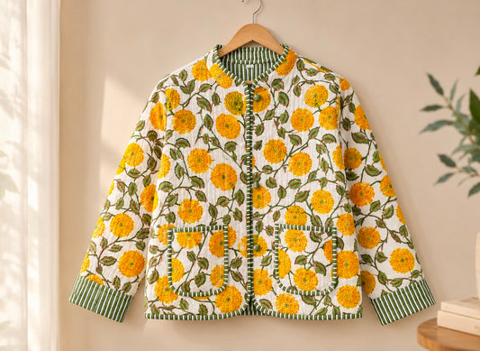 Rajasthani Hand Block Printed Cotton Quilted Jacket – Artisanal Winter Coat