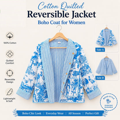 Artisanal Hand Block Printed Quilted Jacket – Soft Cotton Reversible Style