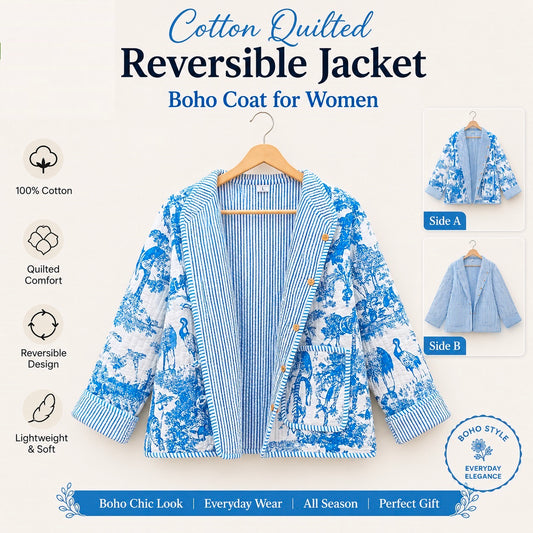 Artisanal Hand Block Printed Quilted Jacket – Soft Cotton Reversible Style