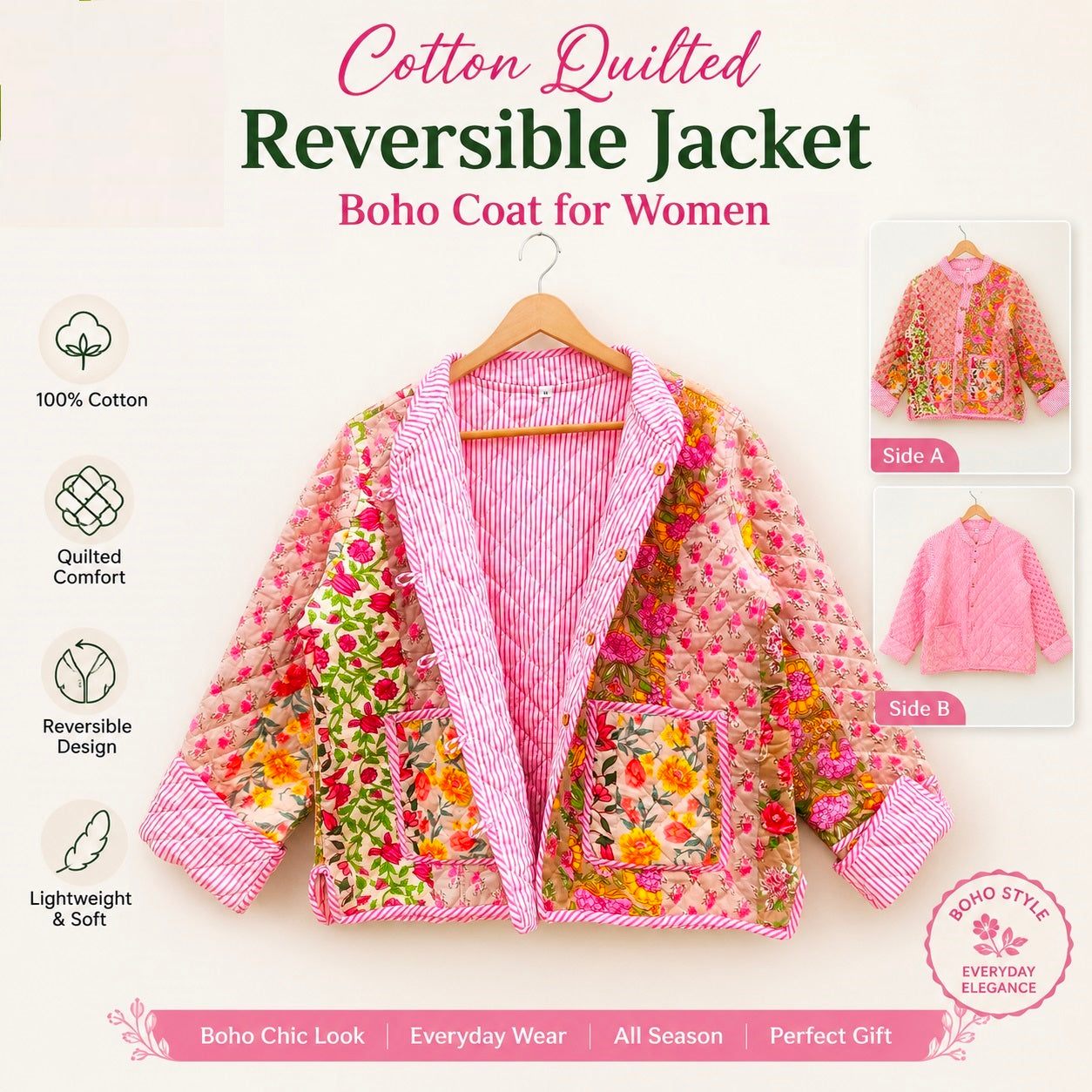Patchwork Block Print Cotton Quilted Jacket – Reversible Indian Jacket