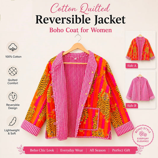 Women’s Cotton Quilted Jacket – Jaipuri Block Print, Lightweight & Warm