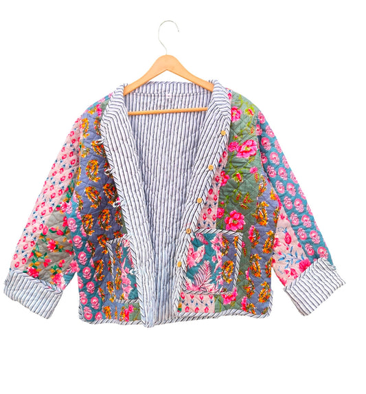 Handmade Patchwork Cotton Quilted Jacket for Women – Block Print Reversible Design