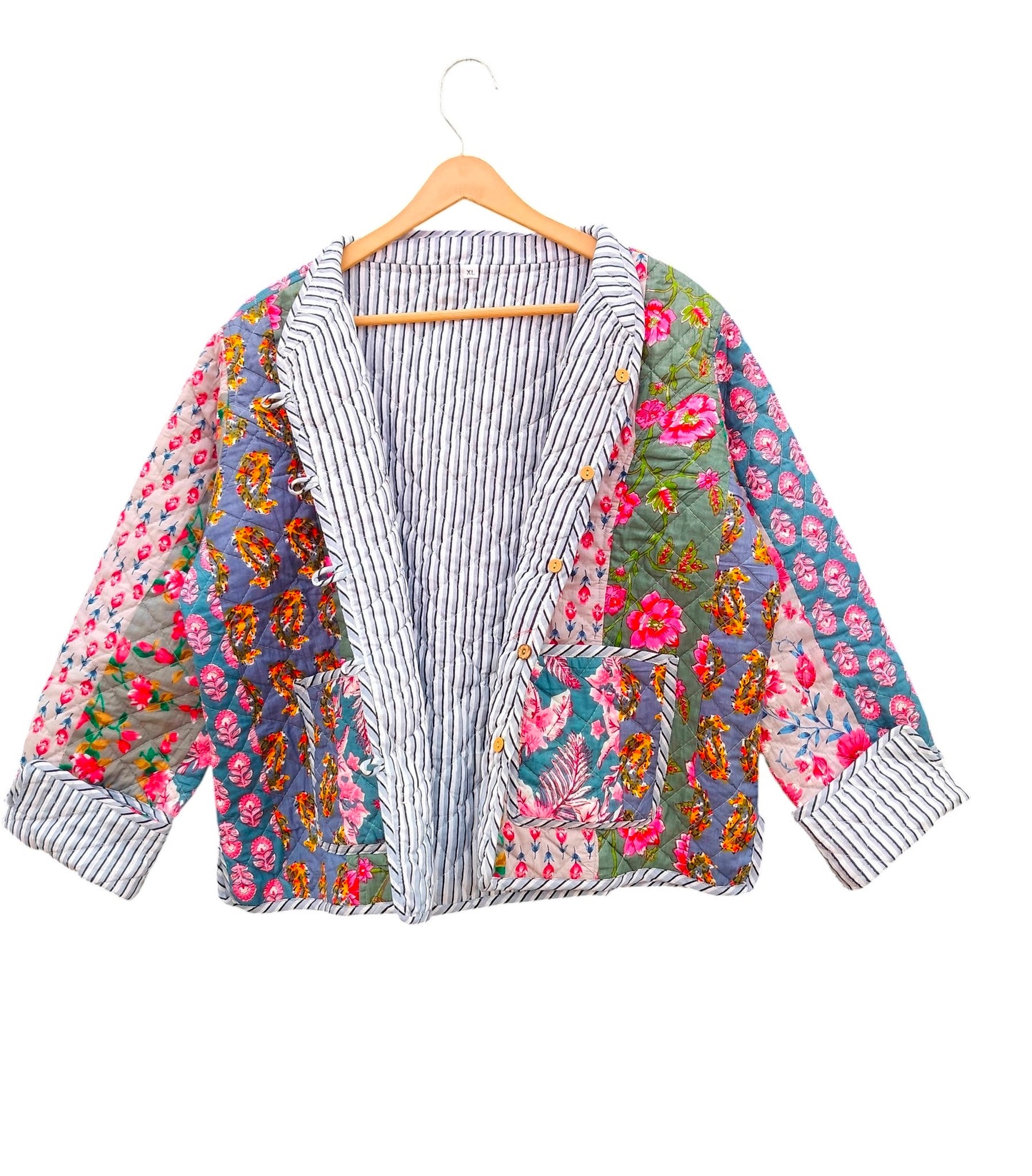 Handmade Patchwork Cotton Quilted Jacket for Women – Block Print Reversible Design