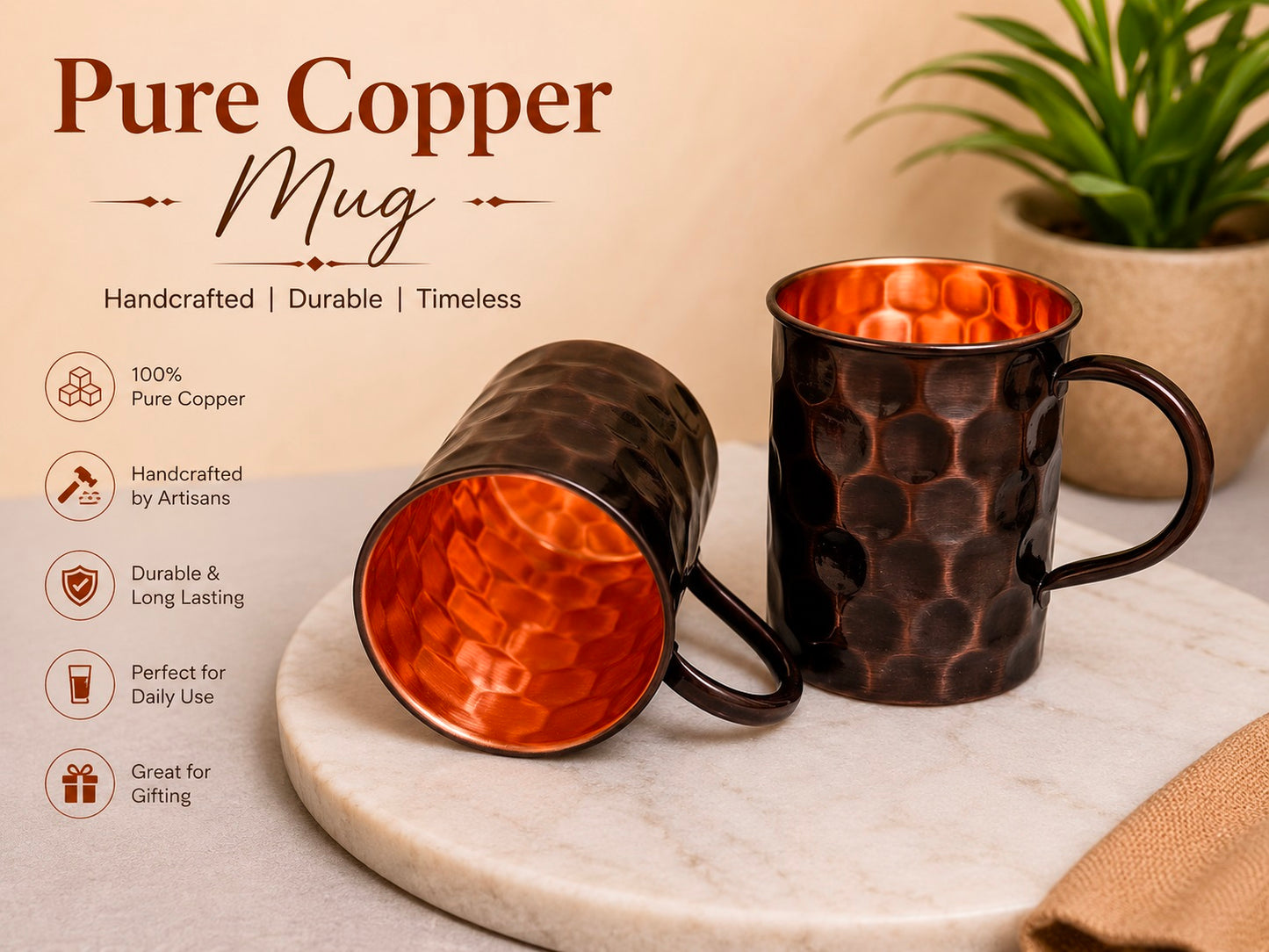 Handmade Pure Copper 2 Mugs With 2 Straw Solid Copper Drinking Mule Mug