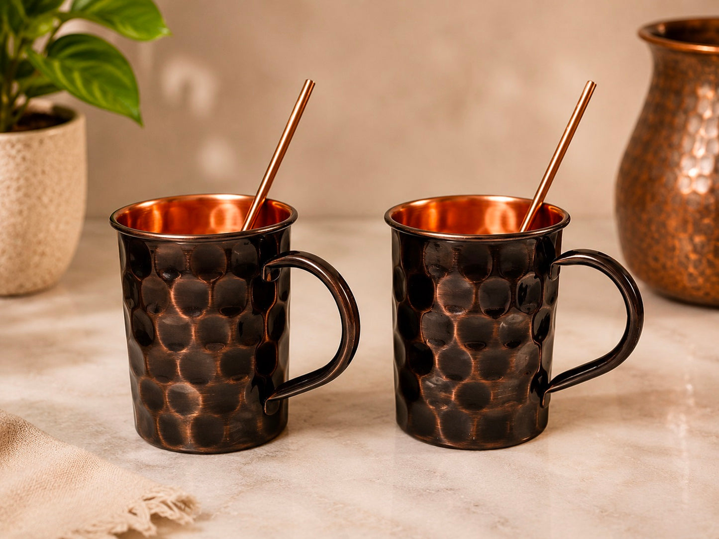 Handmade Pure Copper 2 Mugs With 2 Straw Solid Copper Drinking Mule Mug