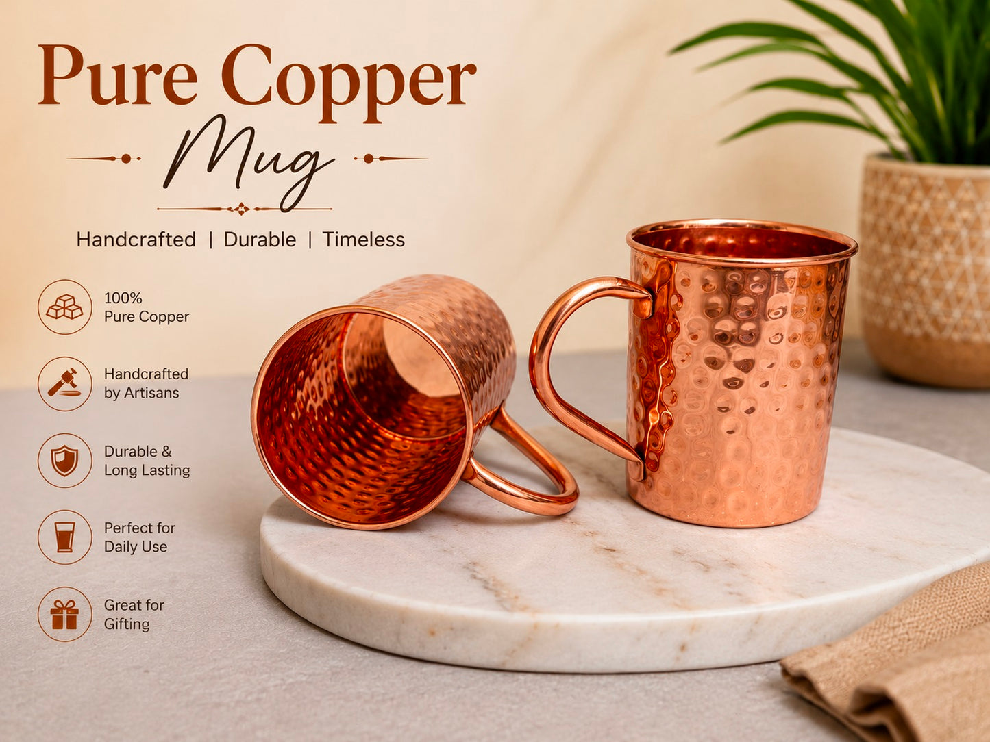 Handmade Pure Copper Mugs With Straw Solid Copper Drinking Moscow Mule Mug | 2 Mugs With 2 Straw