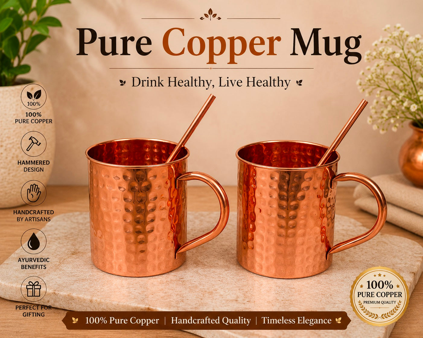 Handmade Pure Copper Mugs With Straw Solid Copper Drinking Moscow Mule Mug | 2 Mugs With 2 Straw