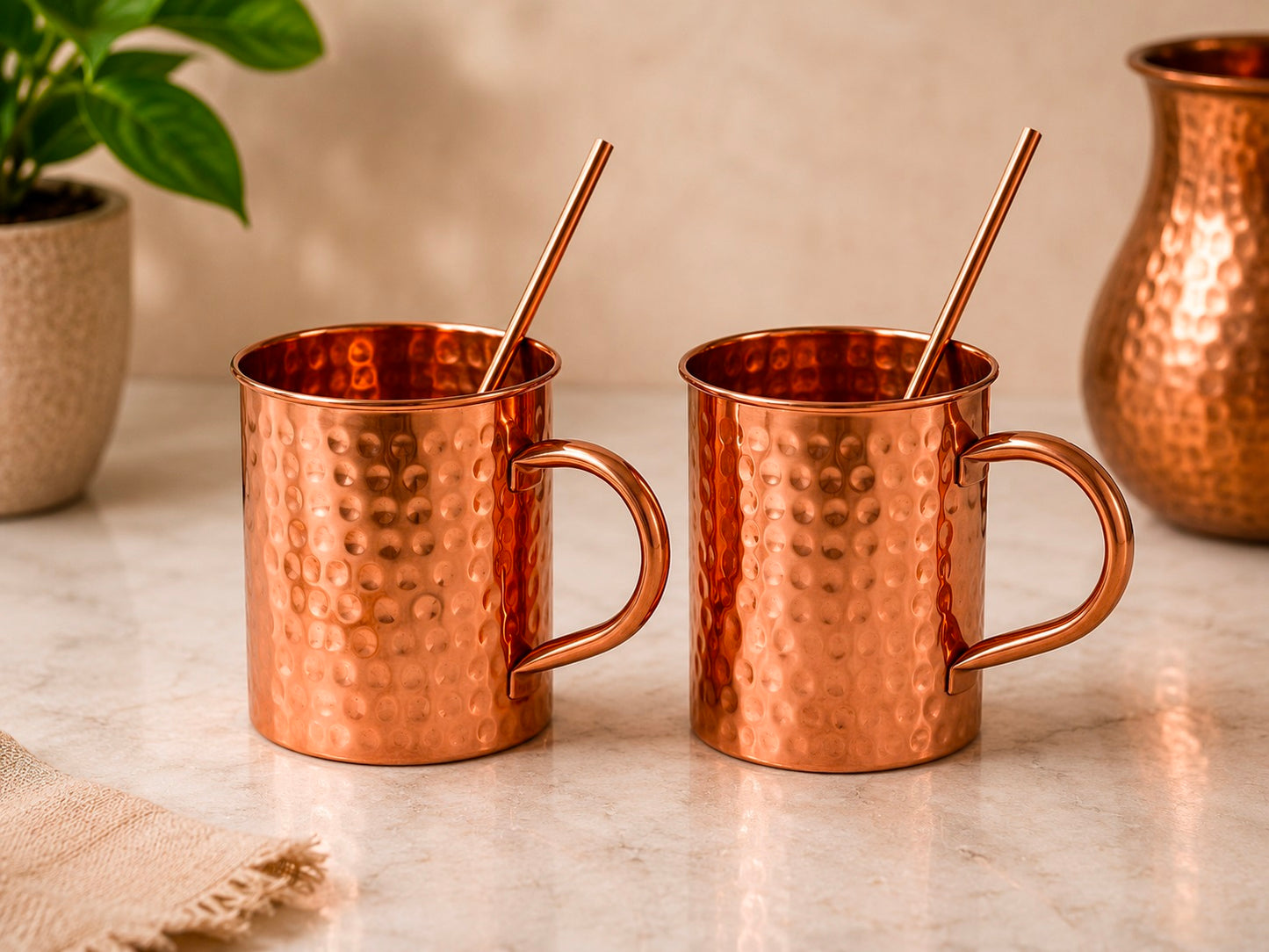 Handmade Pure Copper Mugs With Straw Solid Copper Drinking Moscow Mule Mug | 2 Mugs With 2 Straw