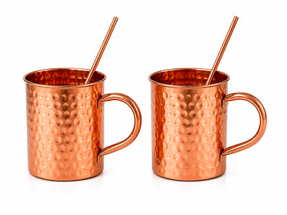 Handmade Pure Copper Mugs With Straw Solid Copper Drinking Moscow Mule Mug | 2 Mugs With 2 Straw