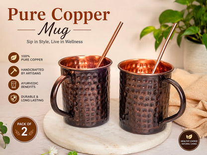 Handmade Pure Copper 2 Mugs With 2 Straw Copper Cocktail Gift for Him & Her