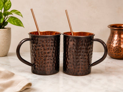 Handmade Pure Copper 2 Mugs With 2 Straw Copper Cocktail Gift for Him & Her