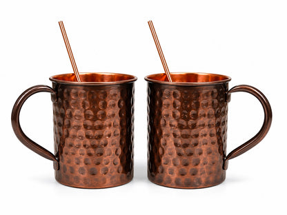 Handmade Pure Copper 2 Mugs With 2 Straw Copper Cocktail Gift for Him & Her