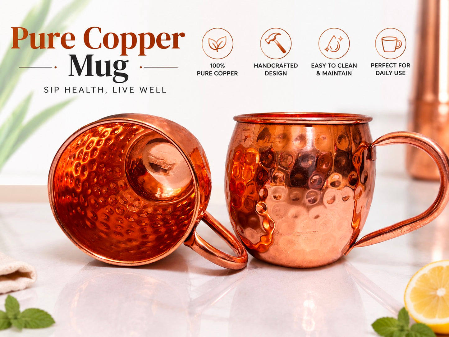 Handmade Pure Copper 2 Mugs With 2 Straw Solid Copper Drinking Moscow Mule Mug