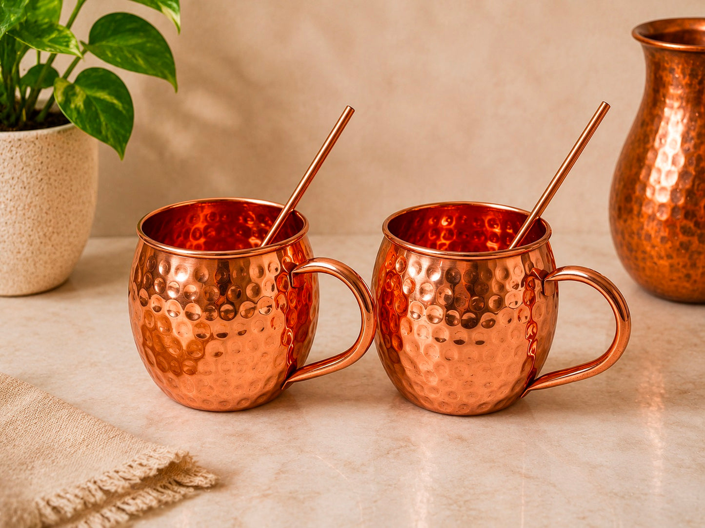 Handmade Pure Copper 2 Mugs With 2 Straw Solid Copper Drinking Moscow Mule Mug