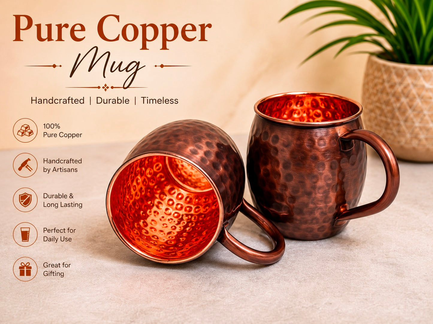 Handmade 100% Pure Copper 2 Mugs With 2 Straw Copper Cocktail Gift for Him & Her