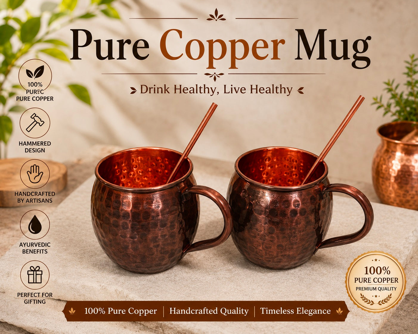 Handmade 100% Pure Copper 2 Mugs With 2 Straw Copper Cocktail Gift for Him & Her