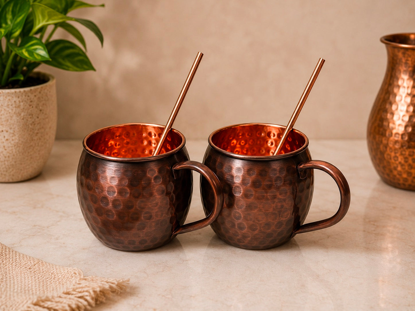 Handmade 100% Pure Copper 2 Mugs With 2 Straw Copper Cocktail Gift for Him & Her