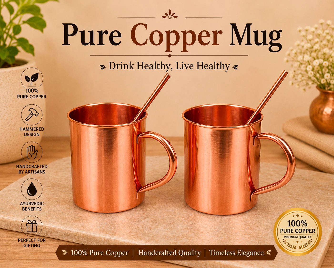 Handmade 100% Copper 2 Mugs With 2 Straw Copper Cocktail Gift for Him & Her