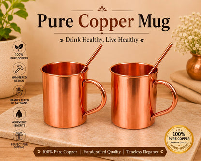 Handmade 100% Copper 2 Mugs With 2 Straw Copper Cocktail Gift for Him & Her