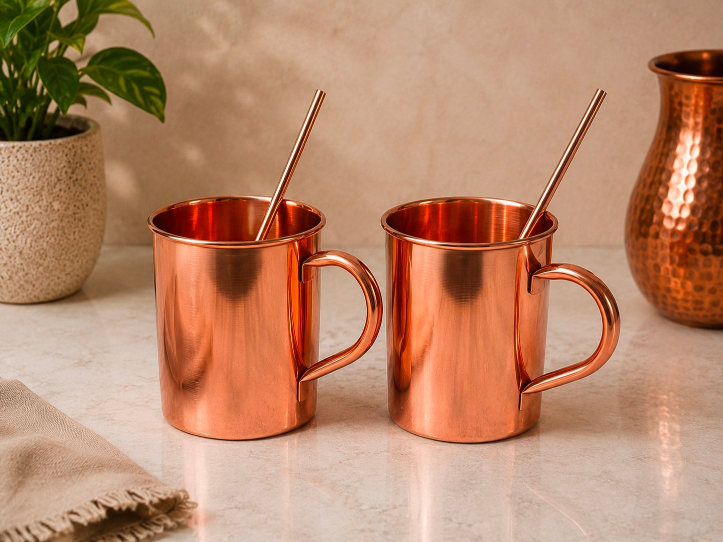 Handmade 100% Copper 2 Mugs With 2 Straw Copper Cocktail Gift for Him & Her