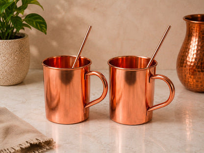 Handmade 100% Copper 2 Mugs With 2 Straw Copper Cocktail Gift for Him & Her