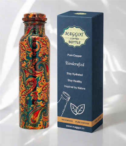 Green Printed Pure Copper Water Bottle for Drinking Water, 34 Oz