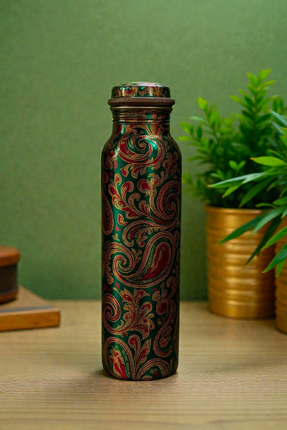 Green Printed Pure Copper Water Bottle for Drinking Water, 34 Oz