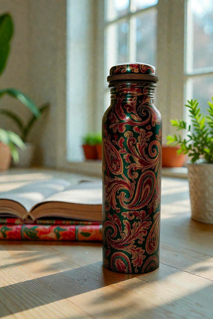 Green Printed Pure Copper Water Bottle for Drinking Water, 34 Oz