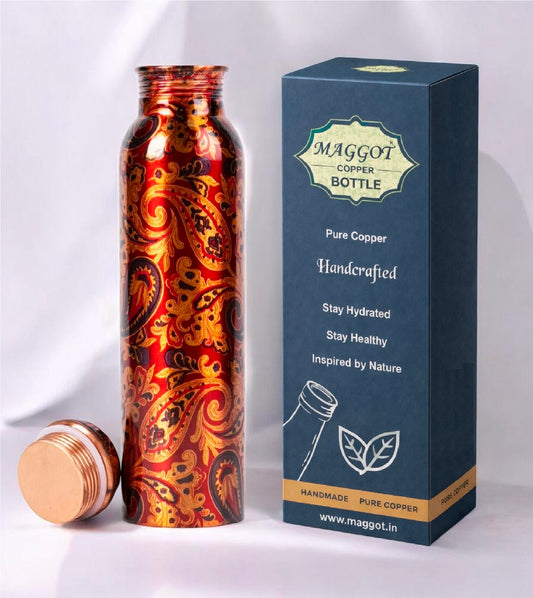 Printed Pure Copper Water Bottle – Handmade, Leak-Proof & Ayurvedic Health Benefits
