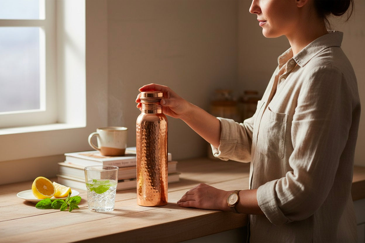 Handcrafted Copper Bottles for Water with Leak Proof Lid | 100% Pure Copper Bottle Healthy Living Wellness Fitness Yoga | BPA Free & Non Toxic