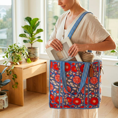Floral Block Print Cotton Tote Bag, Set Of 2 Handmade Quilted Handbag, Boho Market Bag, Gift for Her