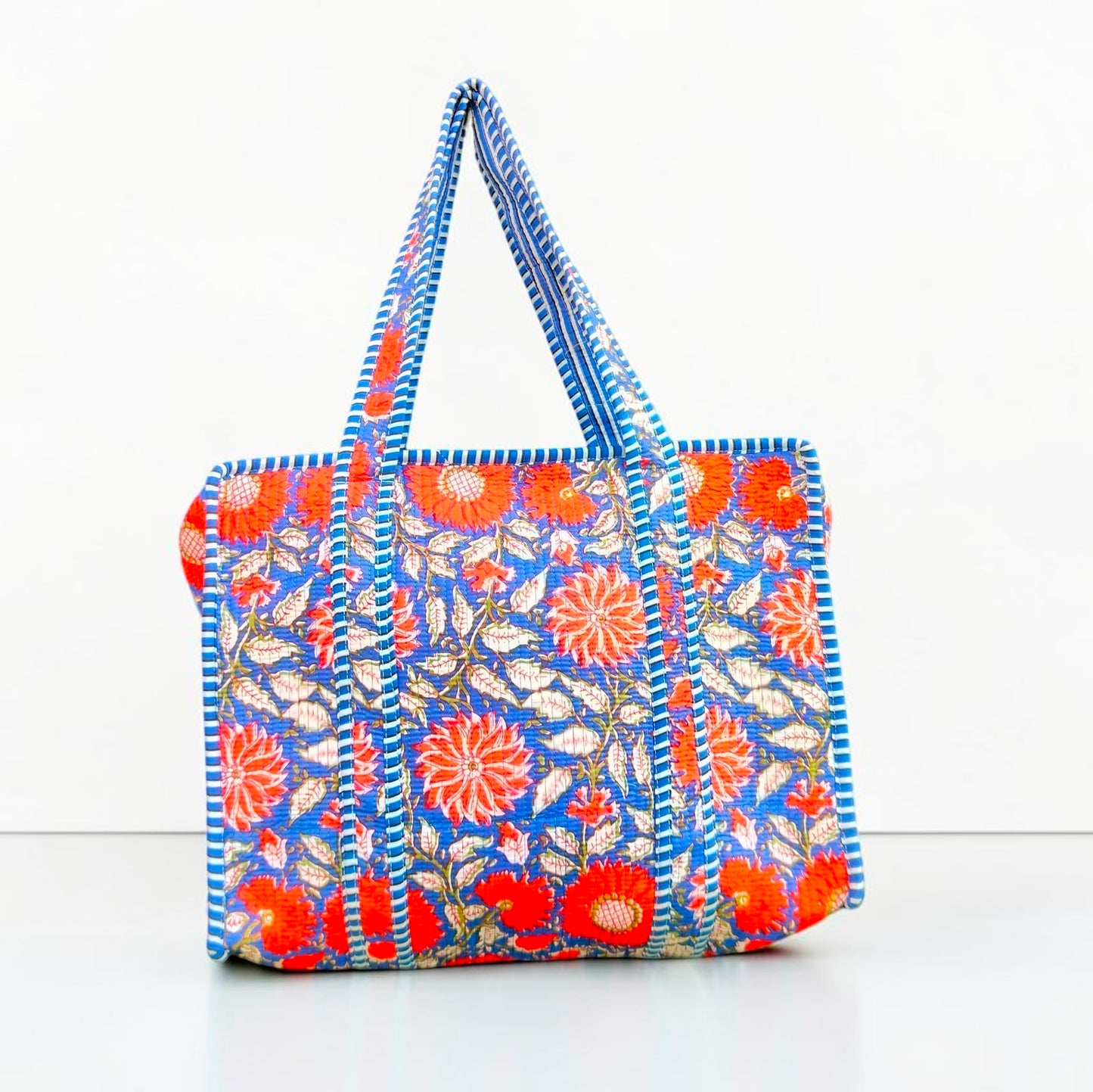 Floral Block Print Cotton Tote Bag, Set Of 2 Handmade Quilted Handbag, Boho Market Bag, Gift for Her