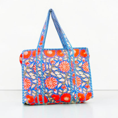 Floral Block Print Cotton Tote Bag, Set Of 2 Handmade Quilted Handbag, Boho Market Bag, Gift for Her