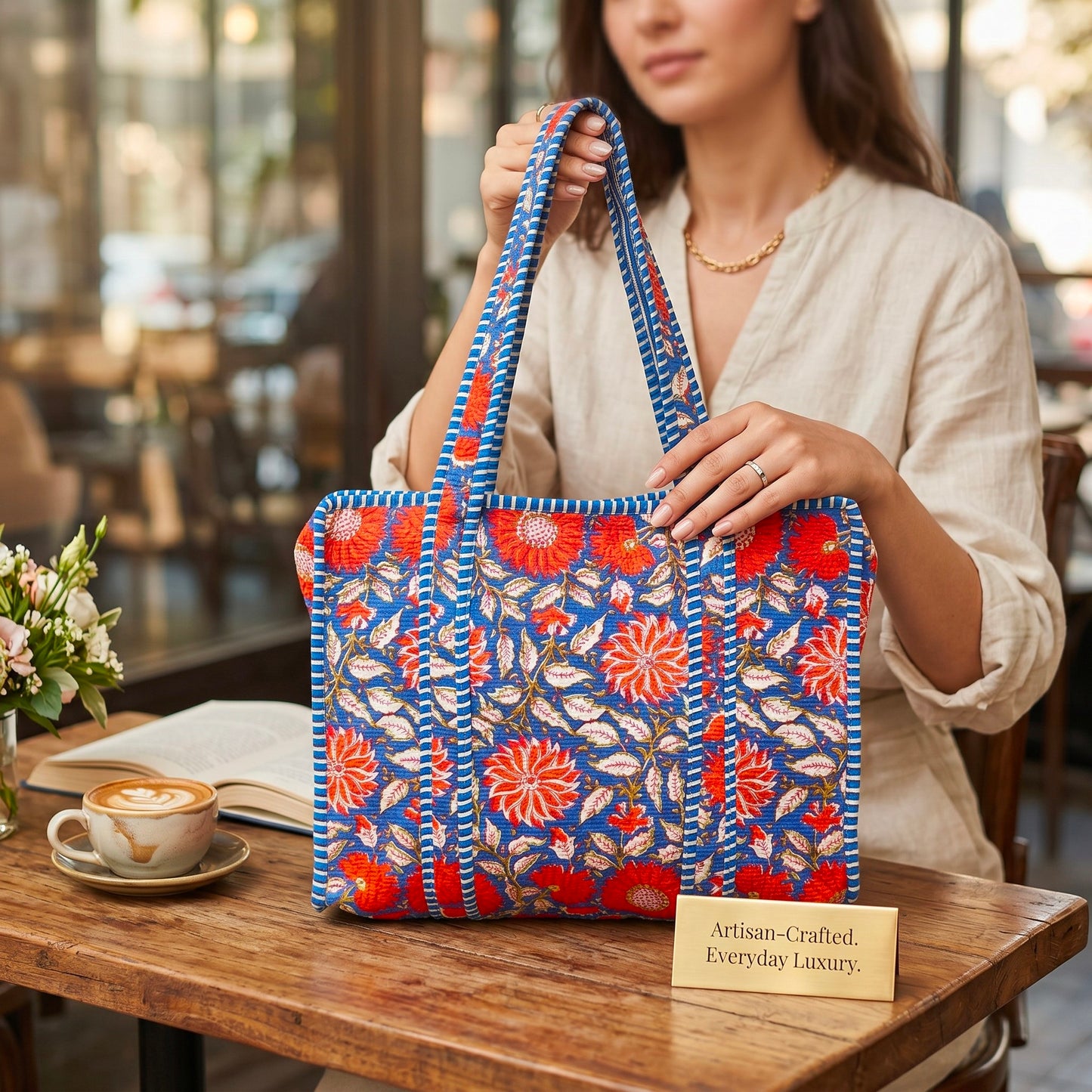 Floral Block Print Cotton Tote Bag, Set Of 2 Handmade Quilted Handbag, Boho Market Bag, Gift for Her
