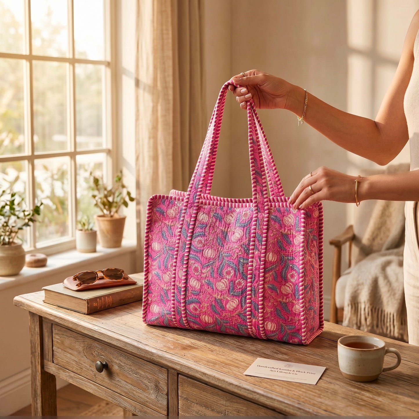 Set Of 2 Handmade Cotton Tote Bag, Block Printed Quilted Shopper, Lightweight Beach Bag, Eco Friendly Gift