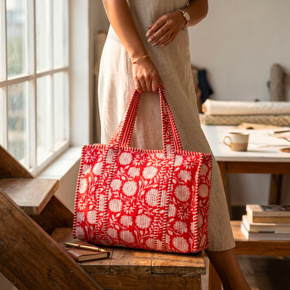 Set Of 2 Handmade Quilted Cotton Tote Bag, Reusable Grocery Bag, Everyday Carry Tote