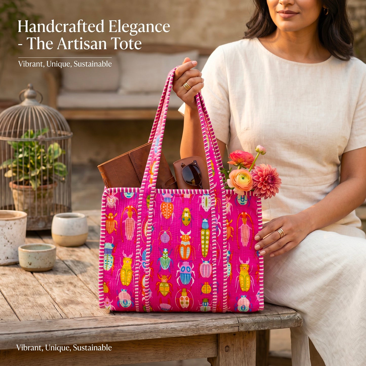 Block Print Cotton Tote Bag, Set Of 2 Handmade Quilted Handbag, Boho Market Bag, Gift for Her