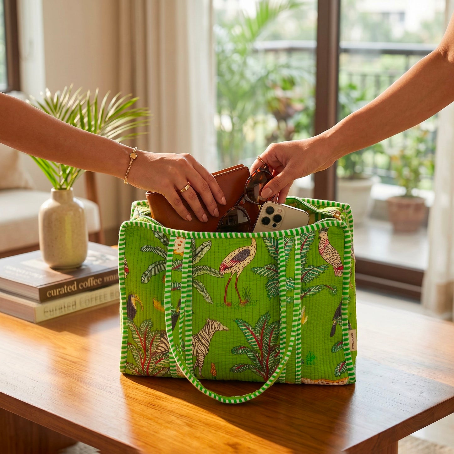 Print Quilted Cotton Tote Bag With Embroidered Clutch, Boho Shoulder Bag, Gift for Mom