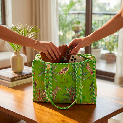 Print Quilted Cotton Tote Bag With Embroidered Clutch, Boho Shoulder Bag, Gift for Mom